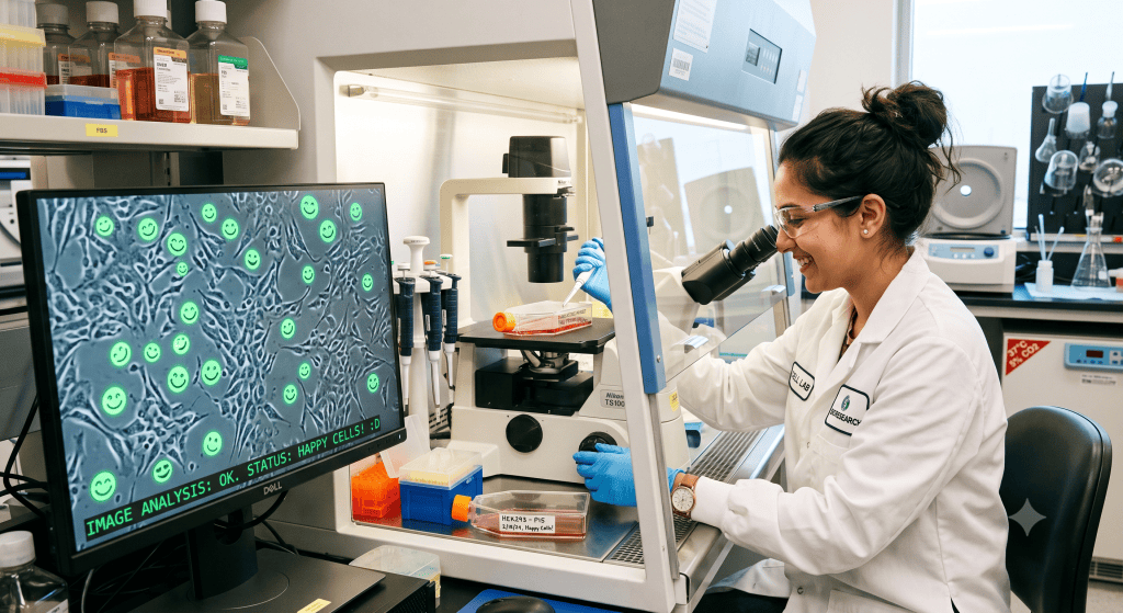 A bench scientist working on cell growth with a monitor that shows happy cells.